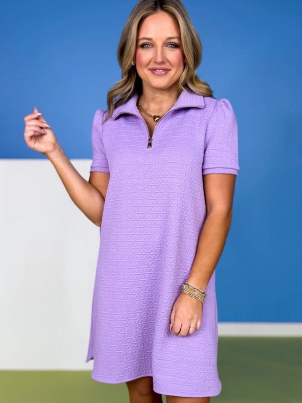 Lilac Textured Polo Midi Dress with Zip Collar